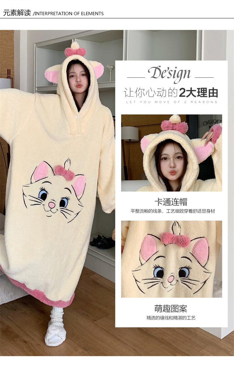 Camisola de Gatinha Marie da Disney Kawaii Desenho Animado Feminino Inverno Veludo Coral Longo Veludo Grosso Solto com Capuz Robe de Banho