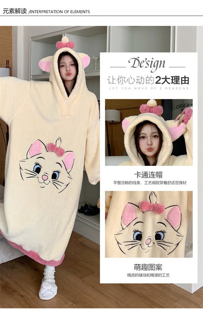 Camisola de Gatinha Marie da Disney Kawaii Desenho Animado Feminino Inverno Veludo Coral Longo Veludo Grosso Solto com Capuz Robe de Banho