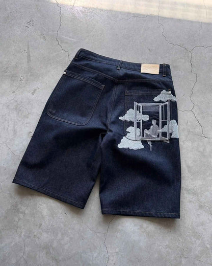 Fashion Cherry Blossom Pocket Embroidery Jeans Shorts Men Women Retro Baggy Black Denim Short Y2k Jorts Hip Hop Streetwear Pants