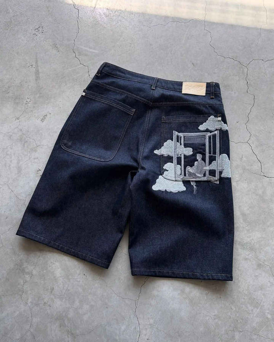 Fashion Cherry Blossom Pocket Embroidery Jeans Shorts Men Women Retro Baggy Black Denim Short Y2k Jorts Hip Hop Streetwear Pants