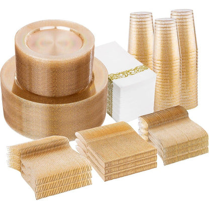 700 Pcs Gold Glitter Plastic Dinnerware Sets Disposable Plates for Party Include: 100 Dinner Plate 100 Dessert Plate 100 Paper