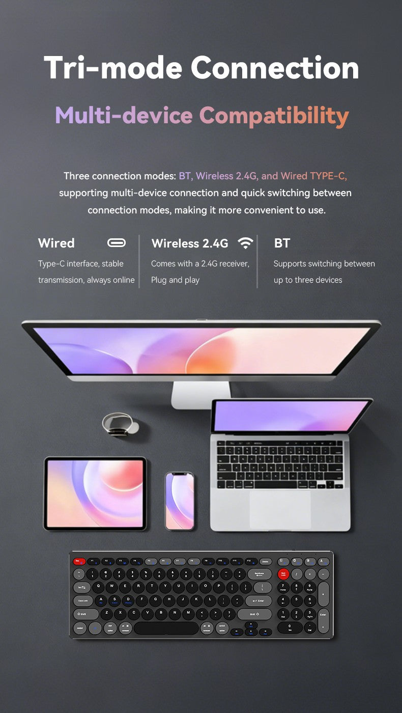 98-Key Ultra-Thin Aluminum Silent Keyboard with Scissor-Switch, Tri-Mode BT/2.4G/Type-C Connectivity&Ergonomic Design for Typing