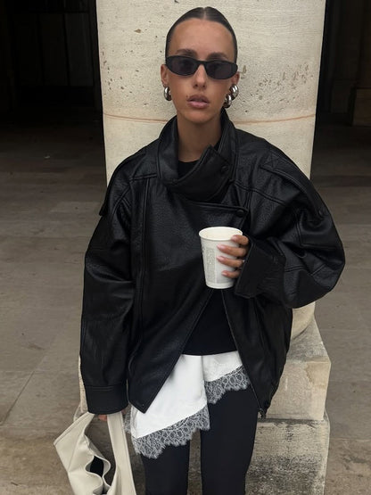 HH Women Autumn Fashion Jackets Asymmetric Button Pocket Long Sleeves Black Loose Zipper Jackets Female High Street Coats