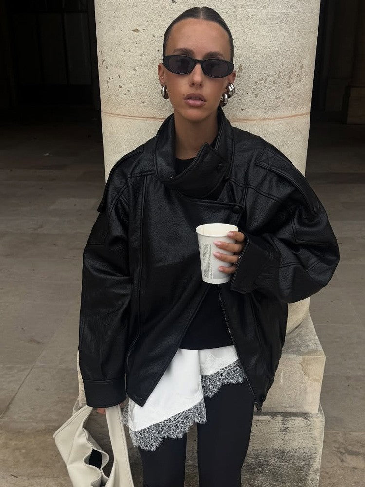 HH Women Autumn Fashion Jackets Asymmetric Button Pocket Long Sleeves Black Loose Zipper Jackets Female High Street Coats