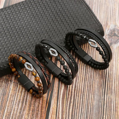 Pulseira de Couro Jiayiqi Masculina Punk Hip Hop Metal Charm Contas Olho de Tigre Pulseira Multicamadas para Homens Joia da Moda Presente