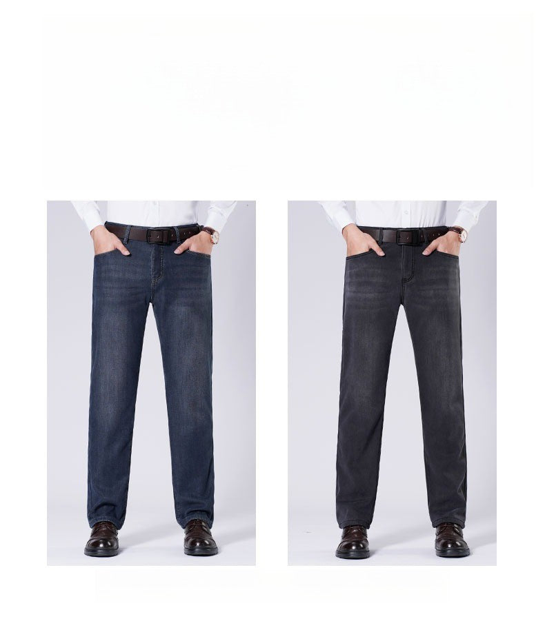 Men's Fleece Straight Leg Jeans Winter Thick Warm Business Casual Velvet Pants Elastic Loose Trousers Outdoorwear