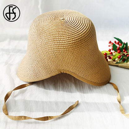 Chapéus de Sol de Festa Femininos FS Fashion Straw Regency Bonnets Hats para Mulheres Chapéu de Praia com Laço e Aba Grande Chapéu Cloche Fedora Chapeau Femme