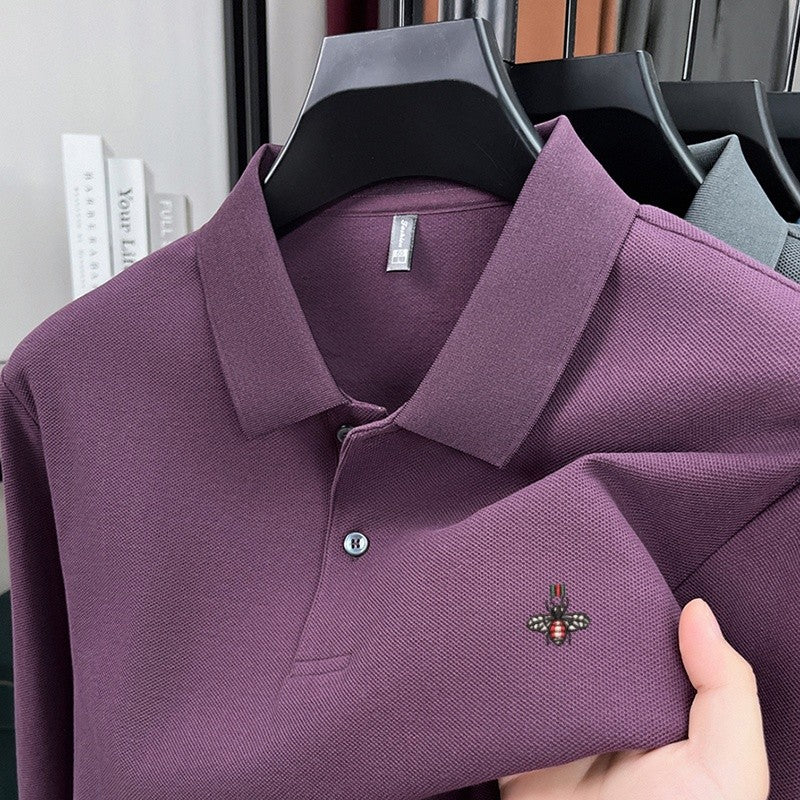 100% pure cotton spring and autumn fashionable men's collar striped long sleeved polo shirt brand embossed casual T-shirt