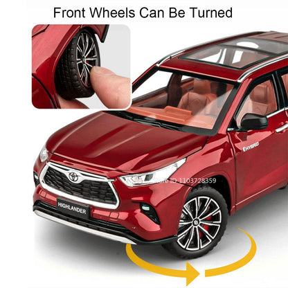 Miniaturas de carros Highlander RAV4 em liga fundida escala 1:24, com som, luz, portas que abrem, função de fricção e absorção de choque – Presente para meninos