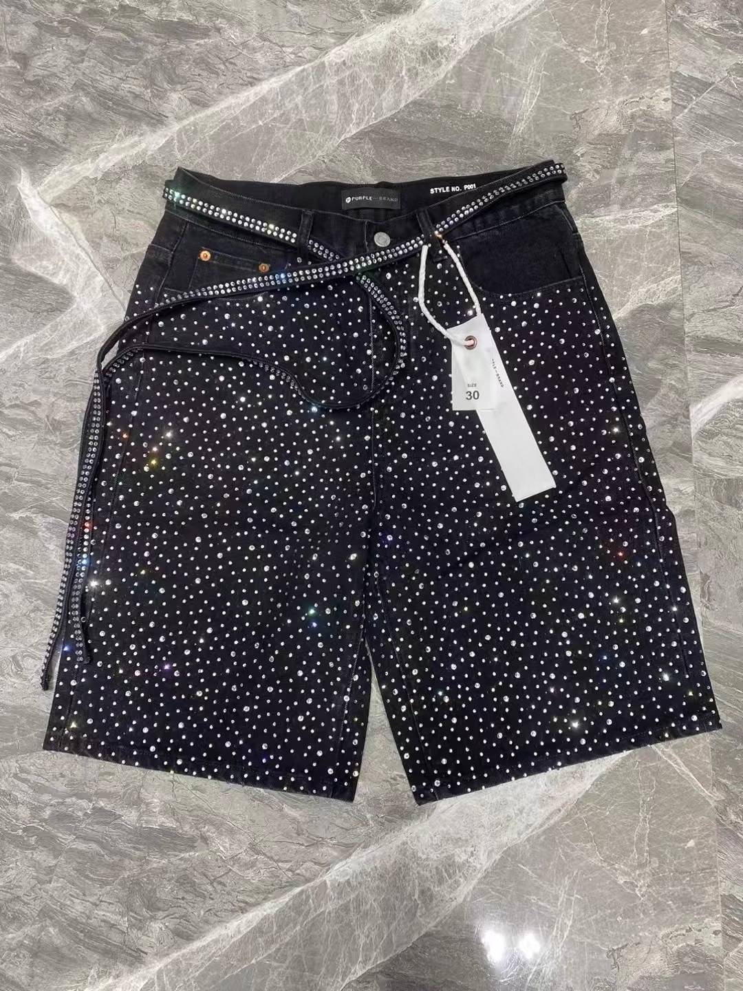 Streetwear Mens Womens Vintage Rhinestone Sequin Denim Shorts Y2K Jeans Hip Hop Washed Baggy Jeans Low Rise Over The Knee Pants