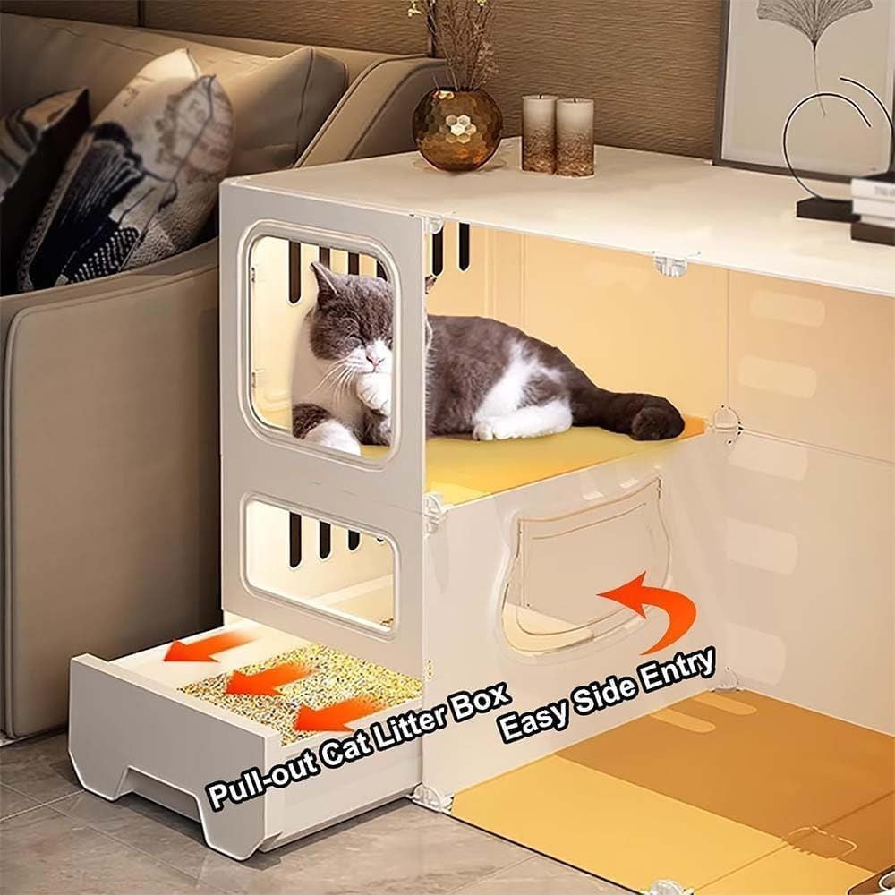 Gaiola Interna para Gatos: Villa Transparente de 2/3 Níveis, Plástico e Resina Espessos, Amarela, 71x46x71cm