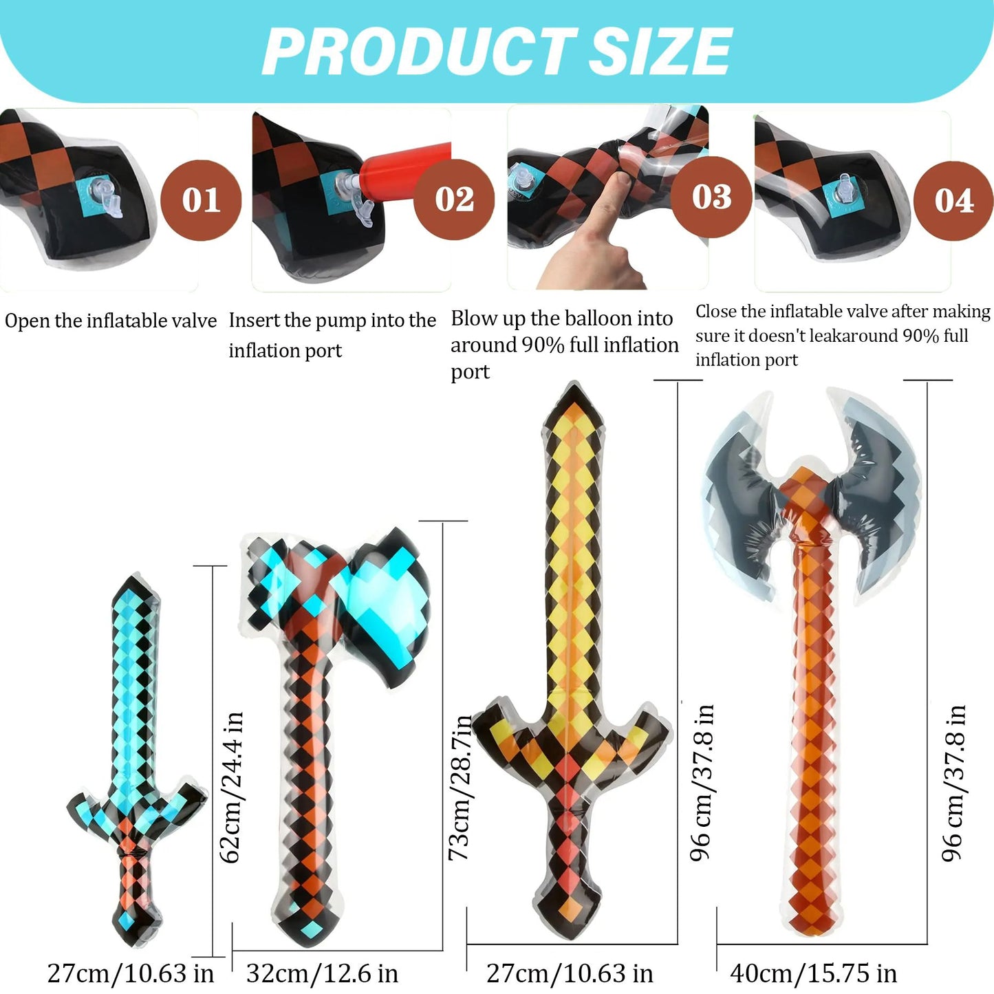 12-72Pcs Inflatable Weapons for Kids Pixel Diamond Swords Inflatable Sword for Theme Party Birthday Halloween Party Cosplay