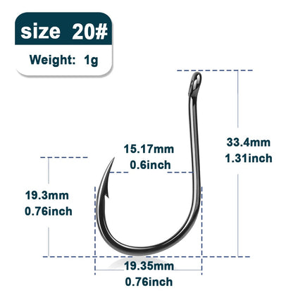 Anzóis Iseama 9KM 50~200 peças Anzol de Carpa Pesca de Água Salgada Anzol Circular Ponta de Agulha Forte Offset Anzol de Água Salgada com Farpa e Olhal