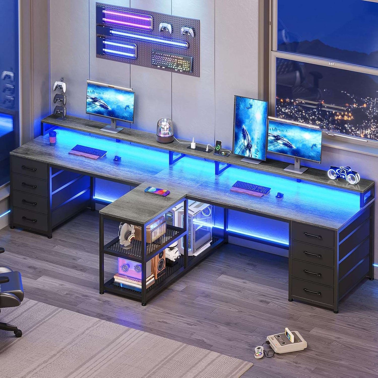 94.5" 2 Person Gaming Desk, Long Office Computer Desk with 8 Drawers & LED Lights, Two Person Desk with Storage, Power St
