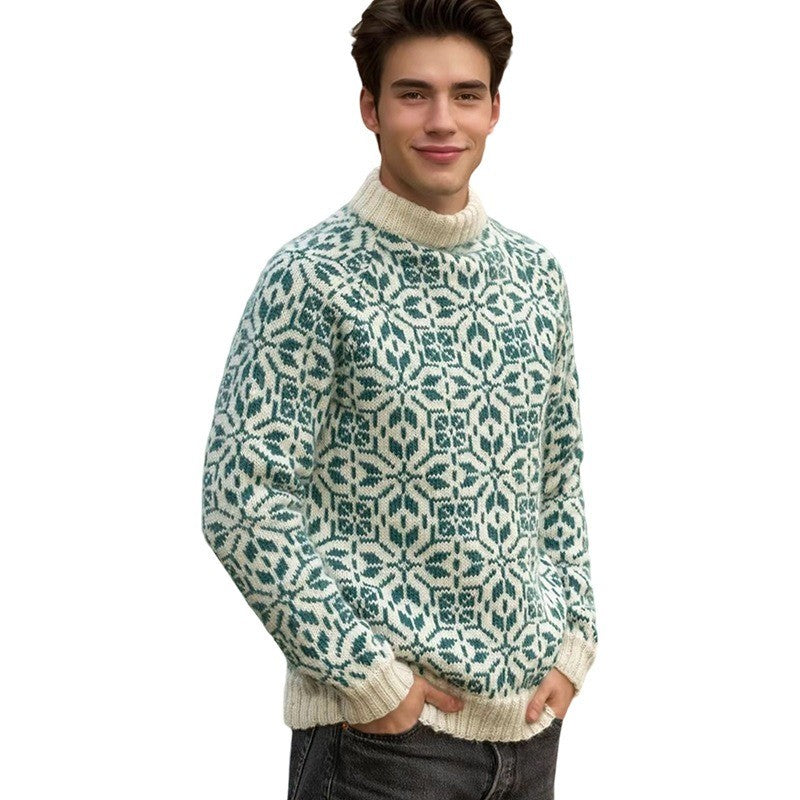 New Style Simple Retro Fresh Jacquard Sweater Loose Street Pullover Contrast Color Long Sleeve Knitted