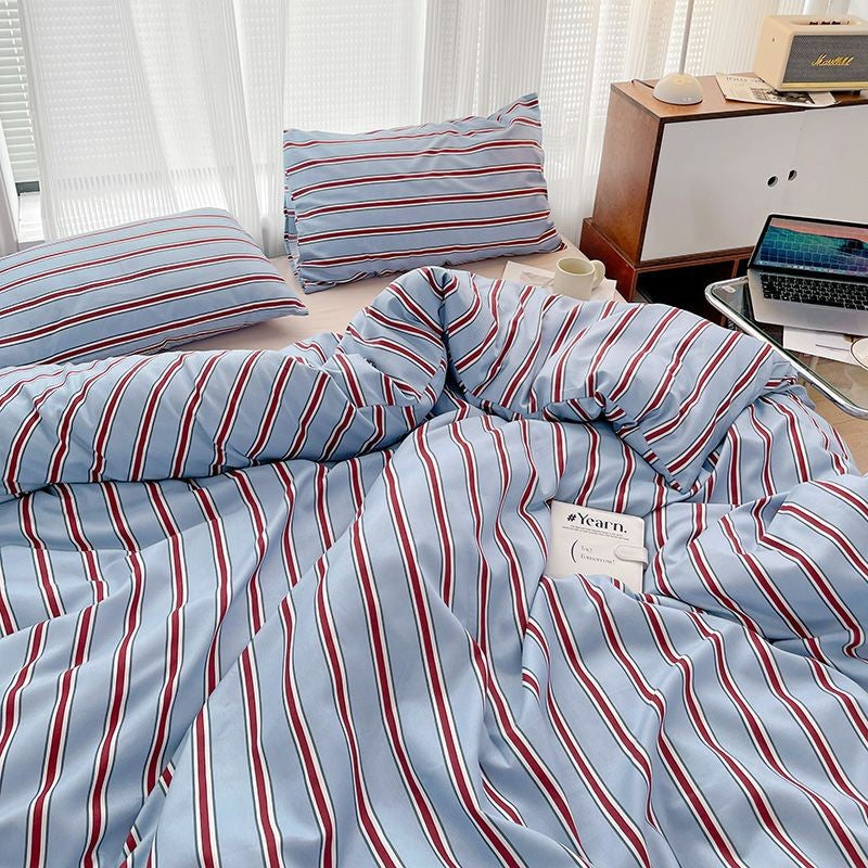 Simple Style Red And Blue Stripe Duvet Cover Set Bed Flat Sheet Set Washed Cotton Bedding Set for kids adult