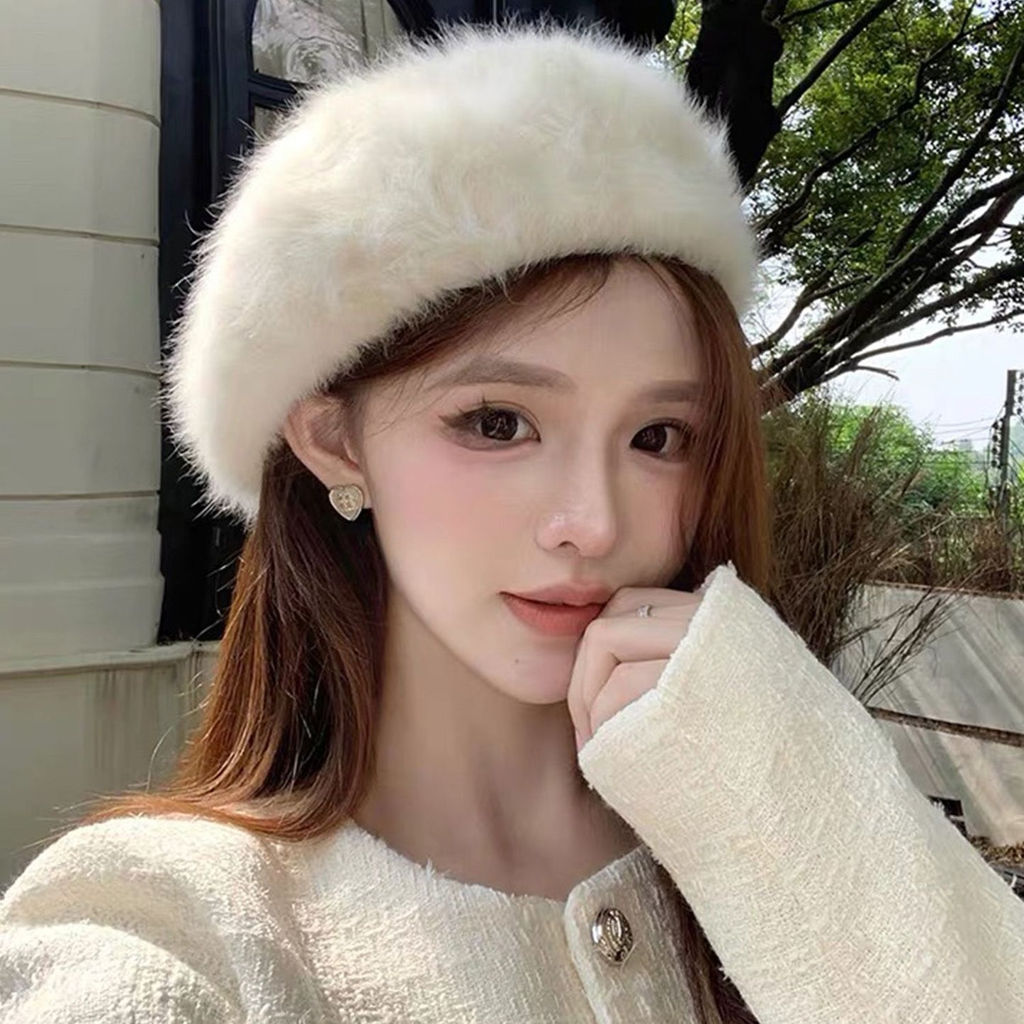 Sweet Faux Rabbit Fur Beret Hat Women Autumn Winter Thicken Keep Warm Furry Flush Artist Flat Cap Solid Color Painter Hats