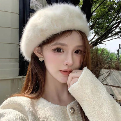 Sweet Faux Rabbit Fur Beret Hat Women Autumn Winter Thicken Keep Warm Furry Flush Artist Flat Cap Solid Color Painter Hats