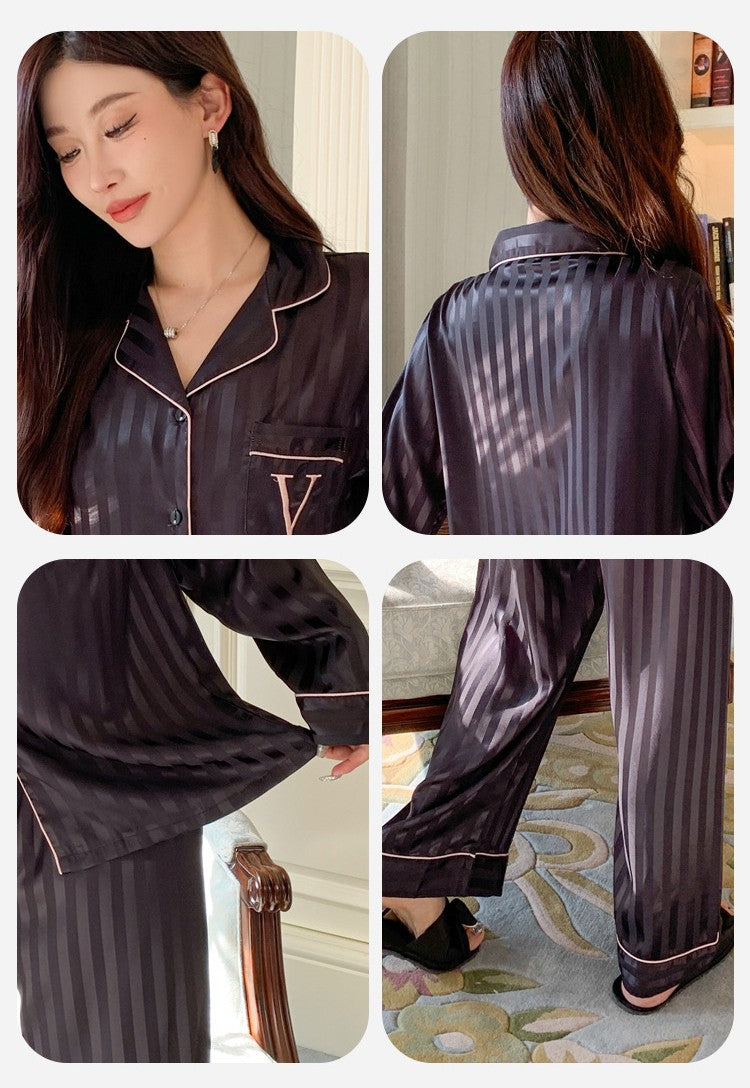 Women's Ice Silk Pajama Set Long Sleeve Long Pants Lightweight Sleepwear for Spring And Autumn Comfortable Homewear Pj Set