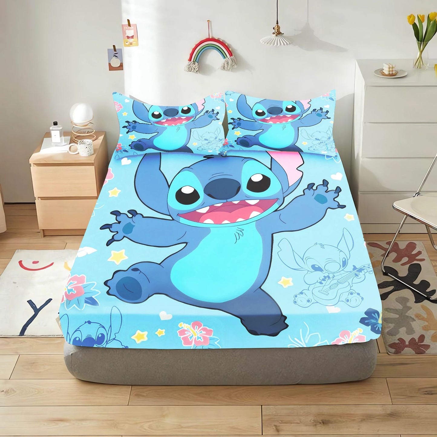 Lilo & Stitch Cartoon Fitted Sheet Home Cover for Teenager Elastic Bedding Cute Digital Printing Sheets Bedding Children