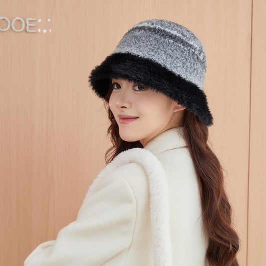 New Warm Luxury Bucket Hat For Women Plush Patchwork Autumn Winter Wool Felt Stripe Large Bucket Hat Colorful Faux Fur Hat Cap