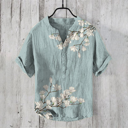 Fashion men's V-neck shirt T-shirt Hawaiian men's printed linen short-sleeved button-down shirt seaside holiday casual shirt