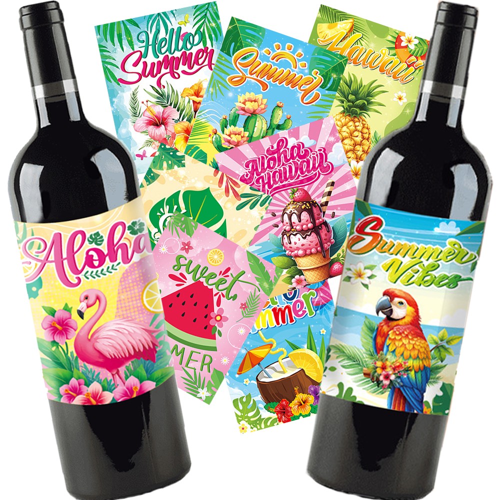 9pcs Hawaii Themed Party Wine Bottle Stickers Pink Flamingo Pineapple Stickers Summer Beach Party Supplies Decoration 4.02×5inch