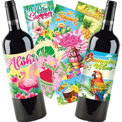 9pcs Hawaii Themed Party Wine Bottle Stickers Pink Flamingo Pineapple Stickers Summer Beach Party Supplies Decoration 4.02×5inch