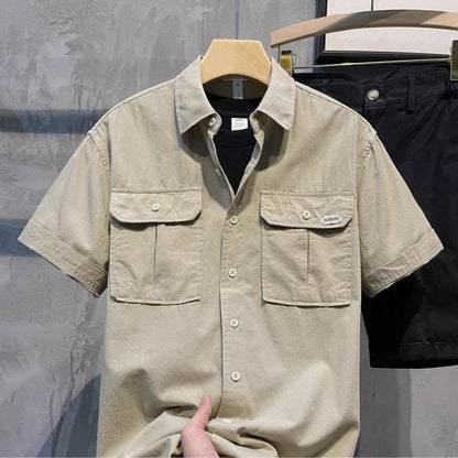 Men Trendy Vintage Lapel Pockets Casual Streetwear Cargo Shirts Summer Youth Solid Short Sleeve Loose Tops Camisas De Hombre