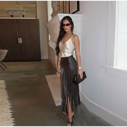 Tassel Leather Midi Skirt Women Solid High Street High-waist A-line Bodycon Long Skirts Spring Summer 2026 Chic All-match Outfit