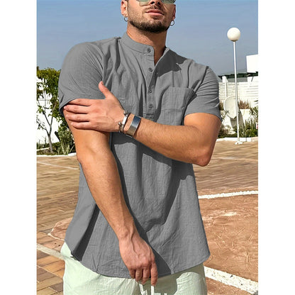 Summer Hot Sale Men's T-shirt Cotton Linen Henley Neck Casual Breathable Lightweight Solid Color Pocket Button Tops