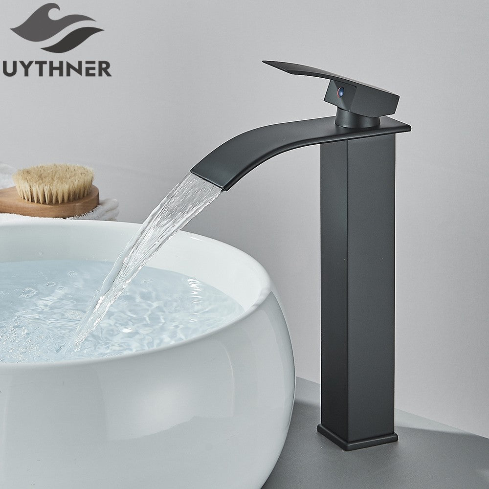 Brushed Golden Basin Faucets Elegant Waterfall Bathroom Sink Faucet Single Lever Hole Deck Mount Brass  Mixer Taps