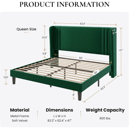 Estrutura de Cama Queen Size Estofada em Veludo com Cabeceira de Encosto em Asa com Tufo Vertical, Suporte de Estrado de Madeira