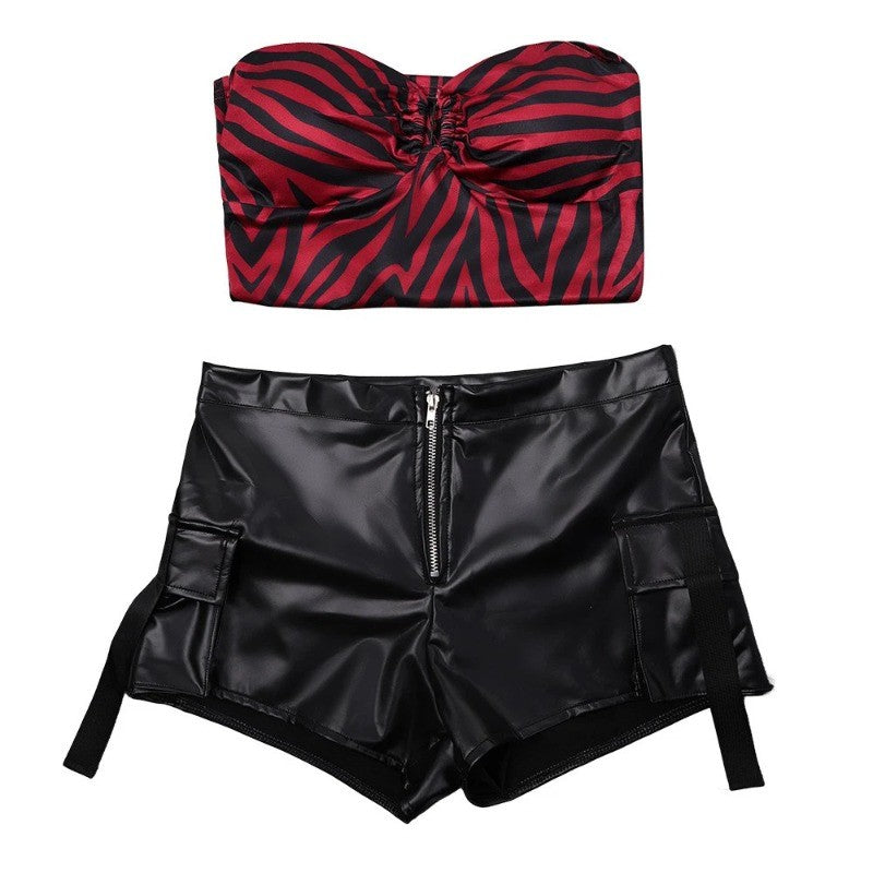 Obsession Nikki Costume Cosplay Outfit Zebra Halter Top Faux Leather Cargo Shorts Punk Streetwear Halloween Carnival Disguise