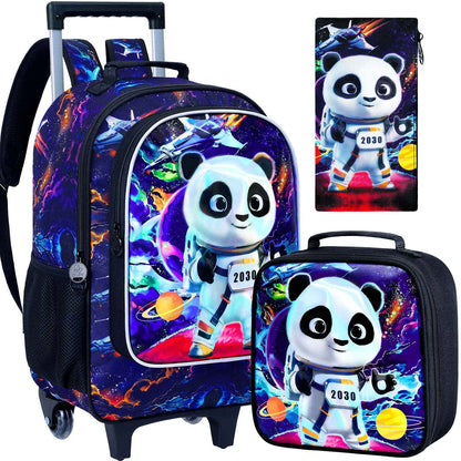 Rolling panda Backpack for Boys, Kids Roller Wheels School Bookbag with Lunch Bag, Wheeled School Bag for Children