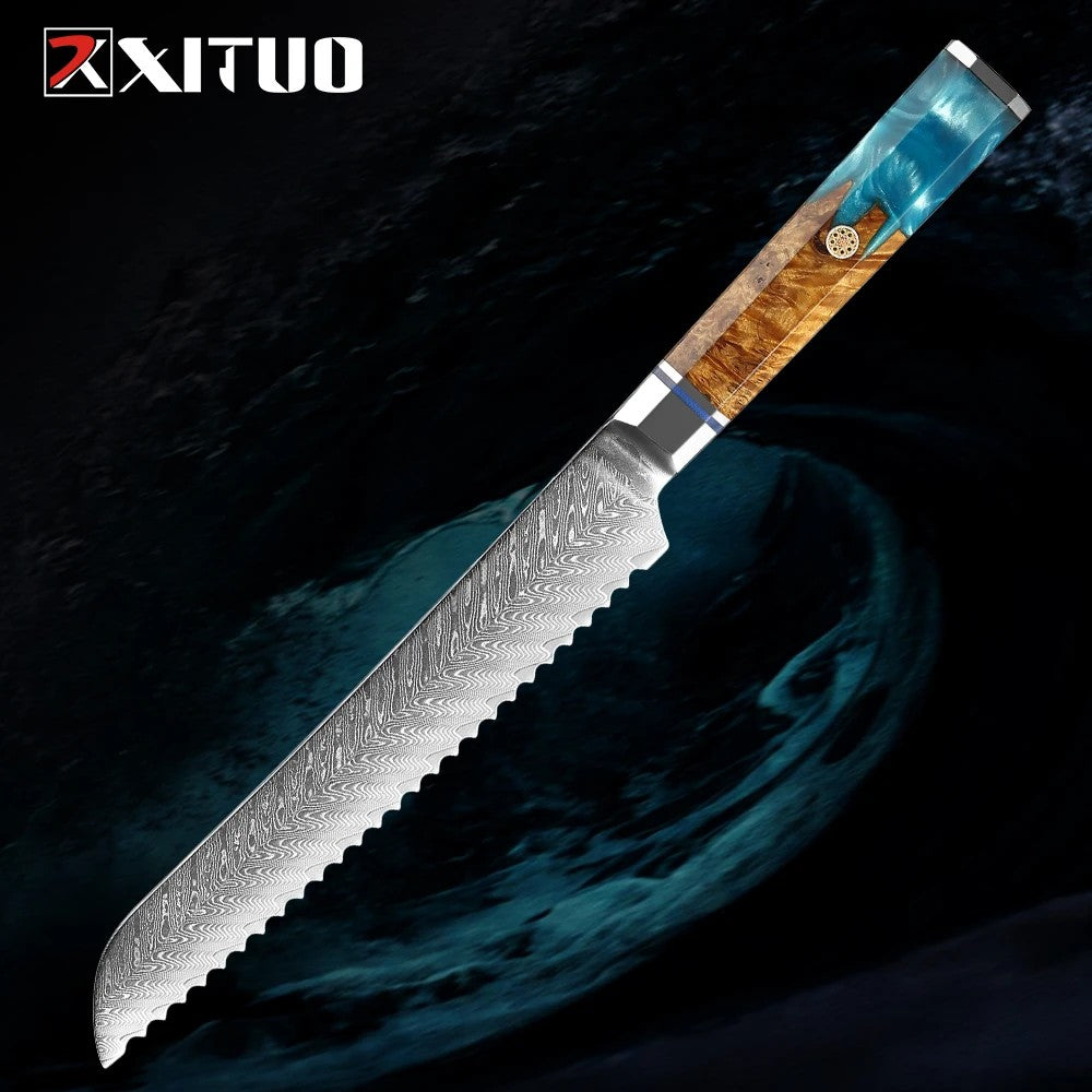 XITUO Damascus Steel Knife Set 1-9PCS Japanese Chef Knife, Santoku, Bread, Utility & Boning Knives-Ultra Sharp, Octagonal Handle