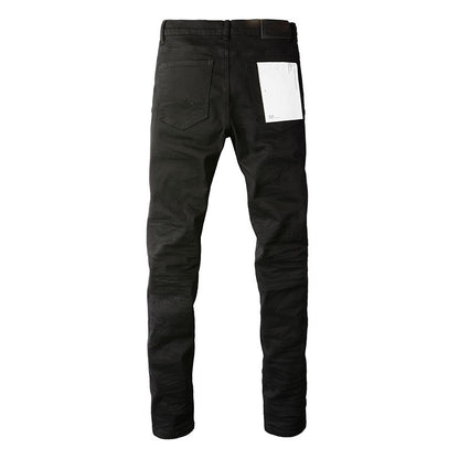 The Best Seller American High Street Men's Distressed Blank Black Stretch Skinny Button Fly Ripped Jeans Pants