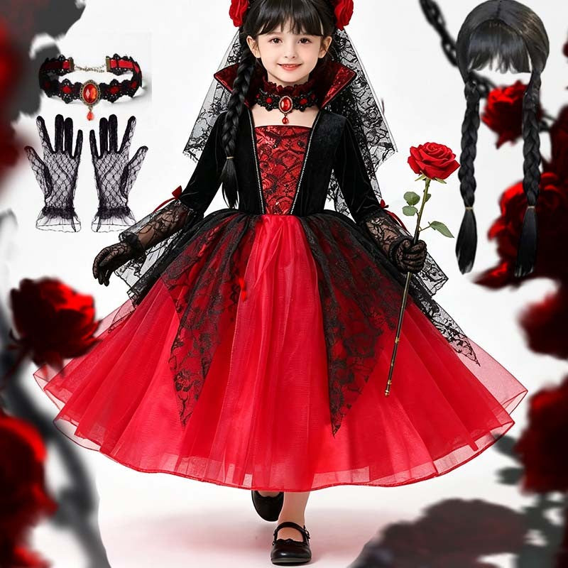 Kids Girls Cosplay Gothic Dark Ghost Bride Witch Vampire Halloween Costume Red Black Tutu Dress Wig Veil Kits Trick or Treat