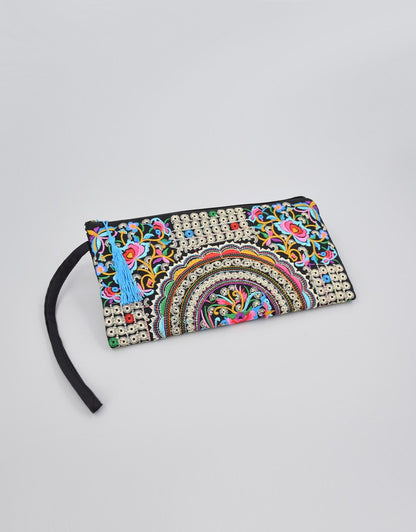 Vintage Ethnic Style Embroidered Long Wallet Wristlet Clutch Bag with Flower Fabric and Phone Pocket