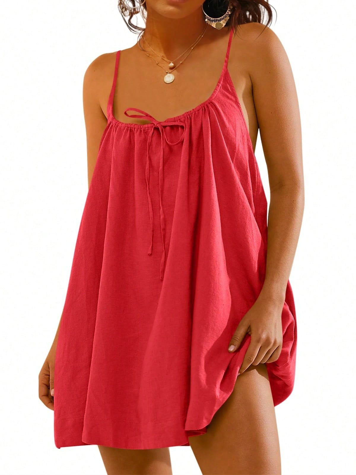 Fisoew Women Summer Sleeveless Mini Dress Tie Back Casual Loose Sexy Trendy Swimsuit Coverup