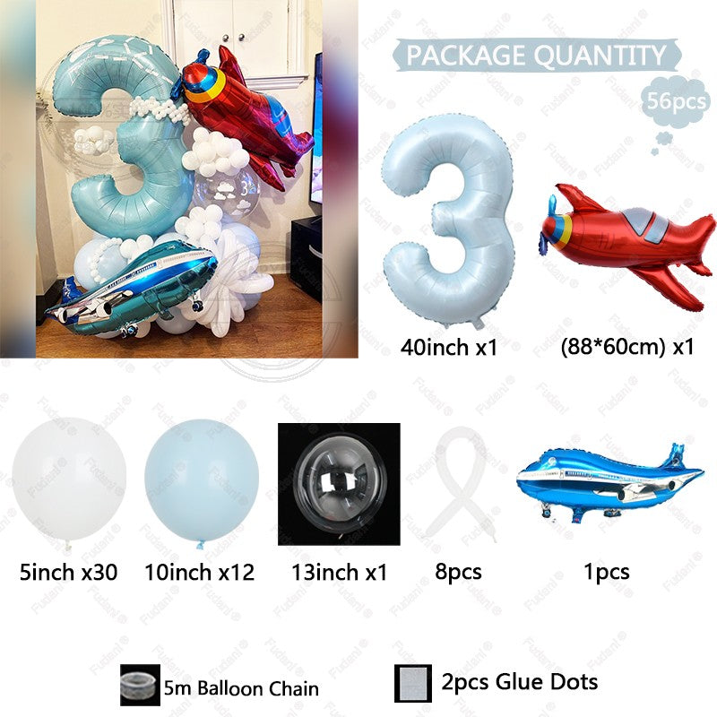 56Pcs Airplane Themed Blue Digital Balloon Set 1-9 Birthday Party Decoration baby Shower Globos Gift Shooting Props