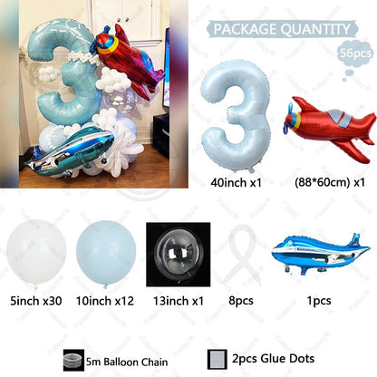 56Pcs Airplane Themed Blue Digital Balloon Set 1-9 Birthday Party Decoration baby Shower Globos Gift Shooting Props