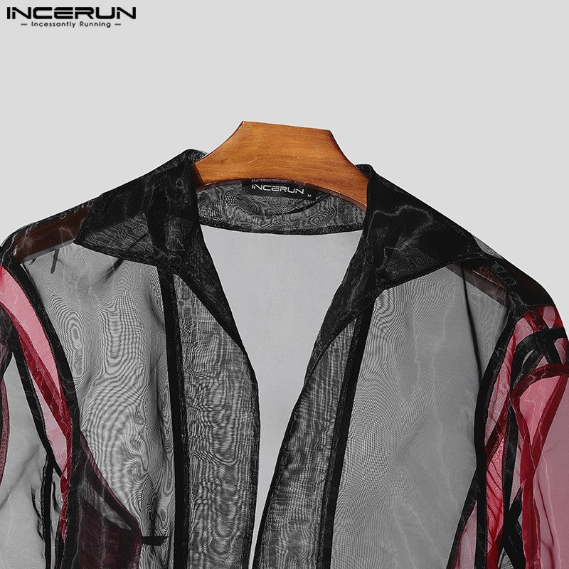 INCERUN Tops American Style Fashion Men Personality Splicing Contrast Color Suit Coat Casual Streetwear Male Long Sleeved Blazer