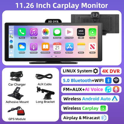 Gravador de Vídeo DVR 4K de 10/11,26 Polegadas com CarPlay e Android Auto Sem Fio, Câmera Veicular, Áudio Bluetooth, Navegação GPS e Duas Lentes para Painel