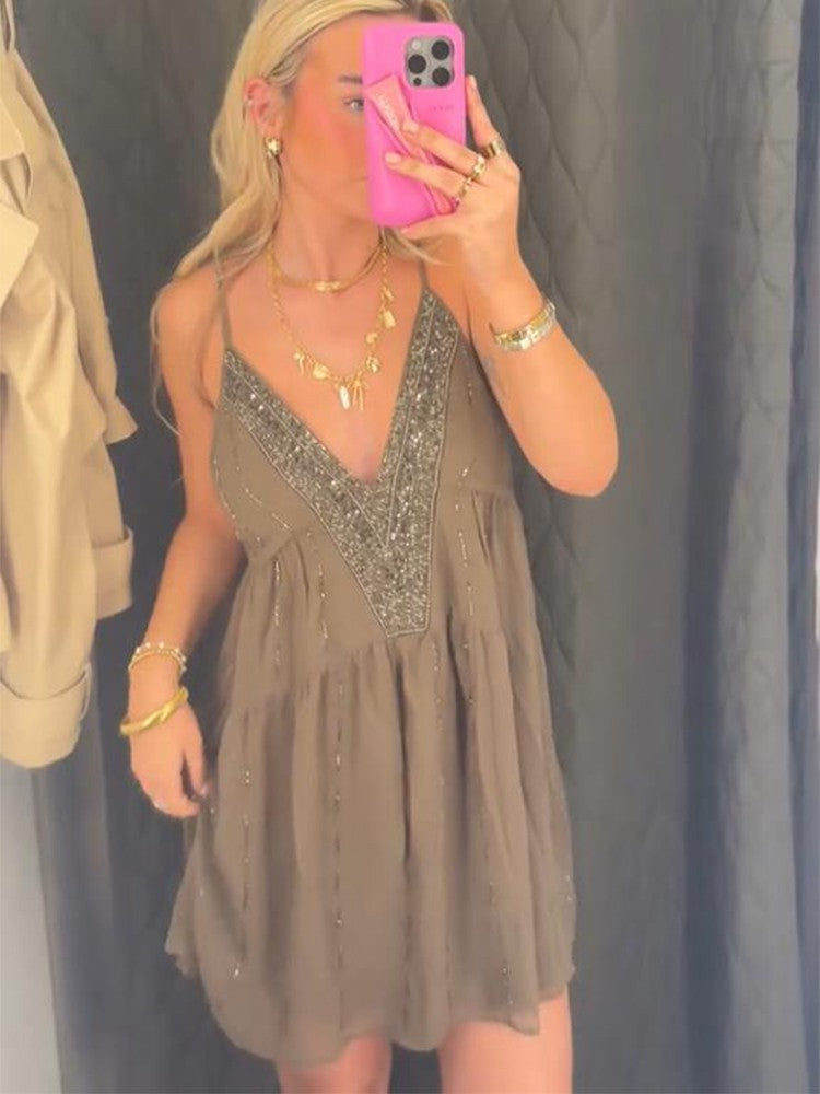 Sequins Bead Snowflake Midi Dress Women Fashion Sleeveless Backless Ruffle Pleat