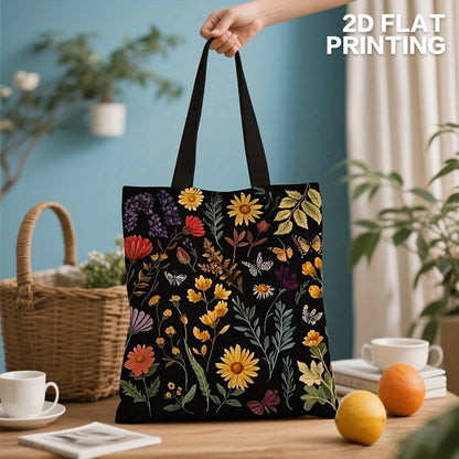 1pc Bold Floral Polyester Shoulder Bag – Vibrant Mixed Color Design with Autumn Flowers & Butterflies