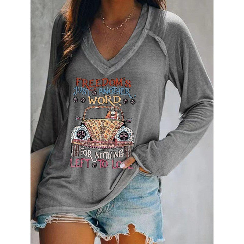 Ilstile Women's Hippie Car Letter Print T-Shirts Spring Summer Long Sleeve Casual Loose V Neck Tops WhiteTees New Arrival