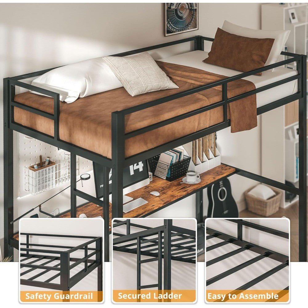 Cama Beliche Loft de Metal Tamanho Solteiro com Escrivaninha, Tomada, Luzes LED, Economia de Espaço, Sem Ruído, Preto