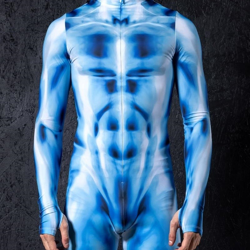 Zawaland Men Mechanical Muscle Punk Zentai Suit Carnival Cosplay Bodysuit Halloween Party Macho Costume Show Festival Jumpsuit