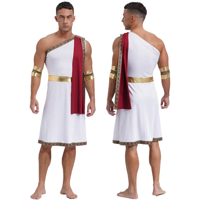Mens Ancient Greek Toga Roman King Prince Cosplay Costume Halloween One Shoulder Embroidered Robe Dress Theme Party Outfits